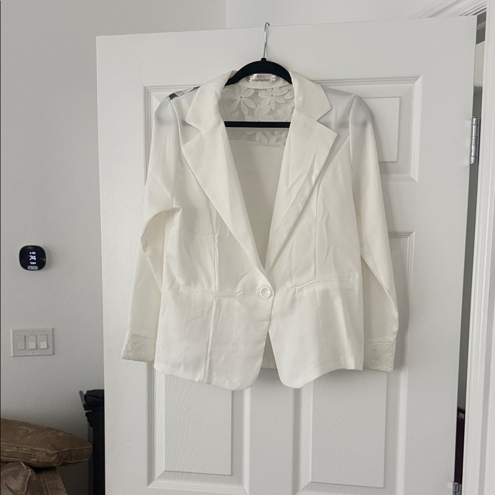 Chic White Women's Blazer with lace detail